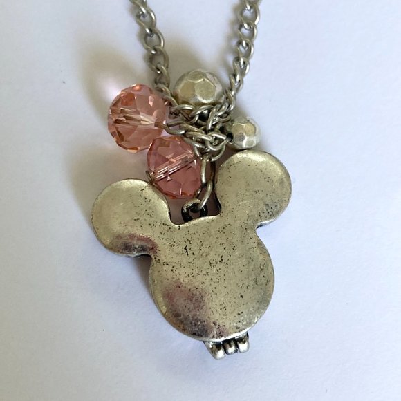 Vintage Disney Hidden Mickey Mouse Ears Locket Necklace Silver Tone Pink 30" - Picture 10 of 14